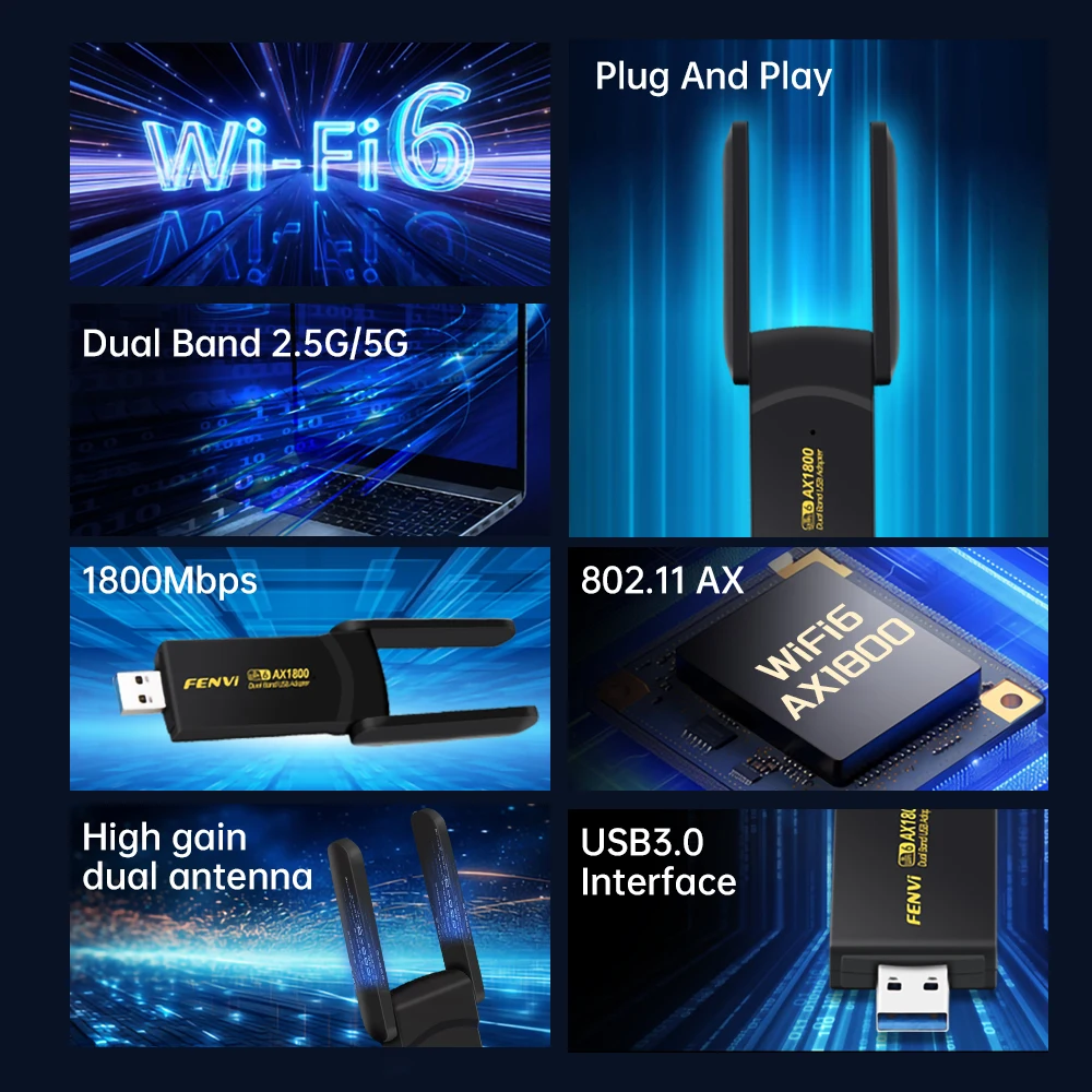 FENVI AX1800 WiFi 6 USB Adapter Dual Band 2.4G/5Ghz Wireless WiFi Receiver USB 3.0 Dongle Network Wi-Fi Card For Laptop Win10/11