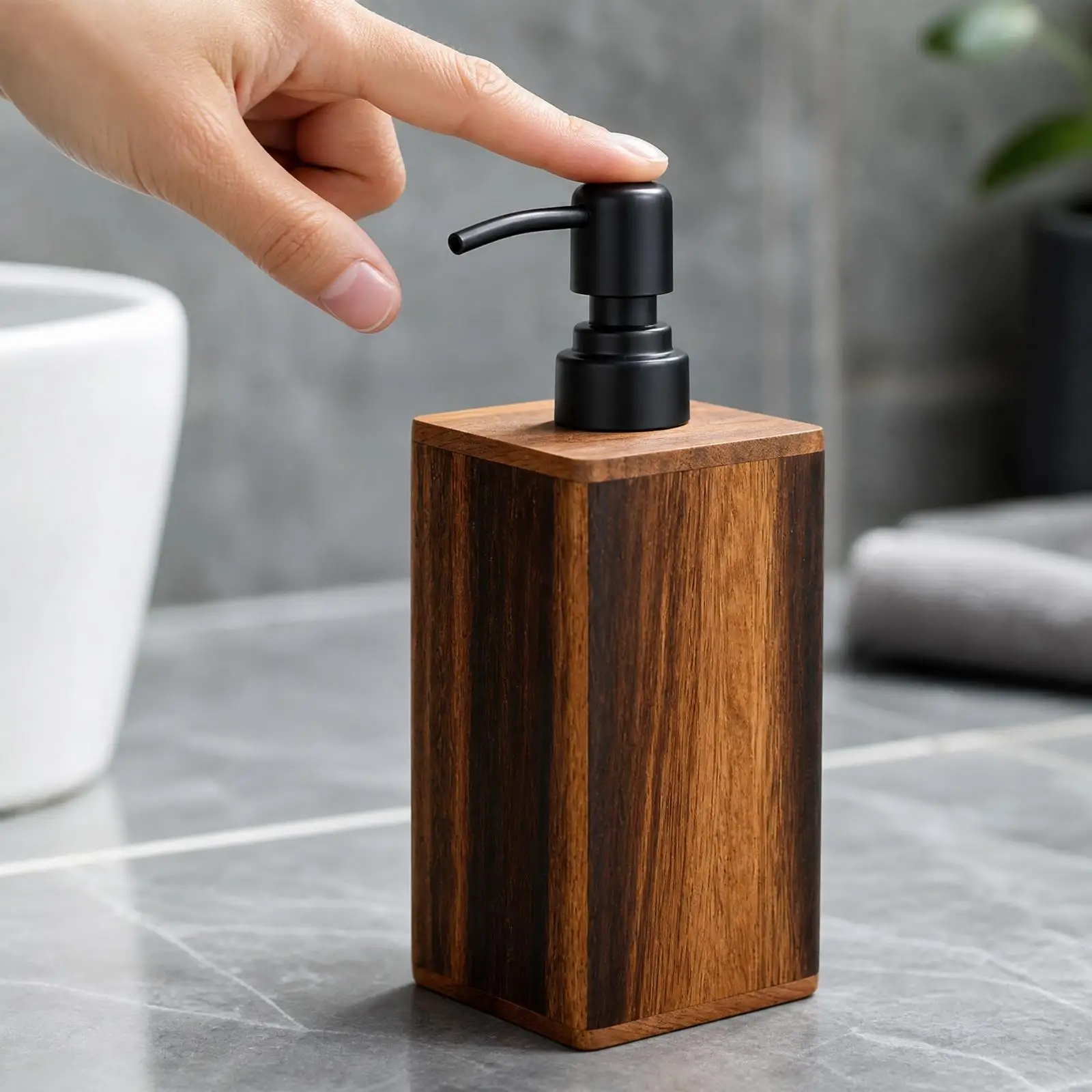 Wooden Liquid Dispenser with Press Pump Versatile Walnut Wood Toiletry Dispenser Refillable Liquid Container Countertop