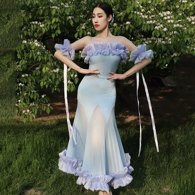 Women Modern Dance Costume Set Off Shoulder Lace Ruffle Top + Long Skirt Elegant Competition & Stage Performance Dancing Outfit