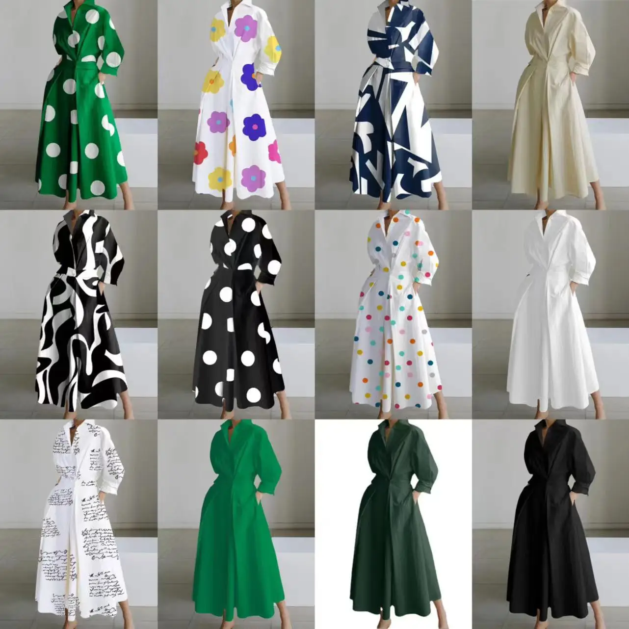 Women Dresses 2026 POLO collar long-sleeved features elastic waist large hem long dresses women's clothing vestidoes
