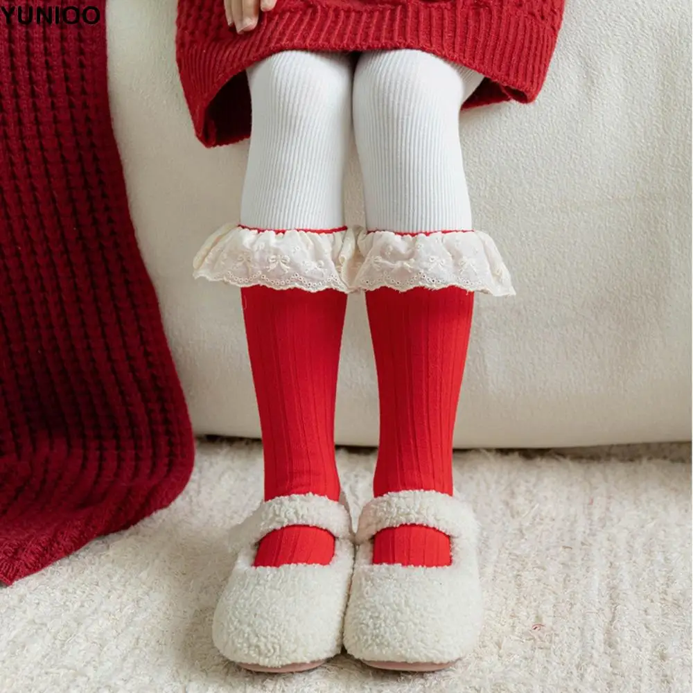 

Casual Female Hosiery New Year Red Socks Bow Cotton Children Red Socks Lace Middle Tube Socks Girl