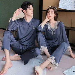 High Quality Pajamas Set Men Women Fall Summer Ice Silk Couple Sleepwear Male Female Large Size Imitation Silk Loungewear Suit