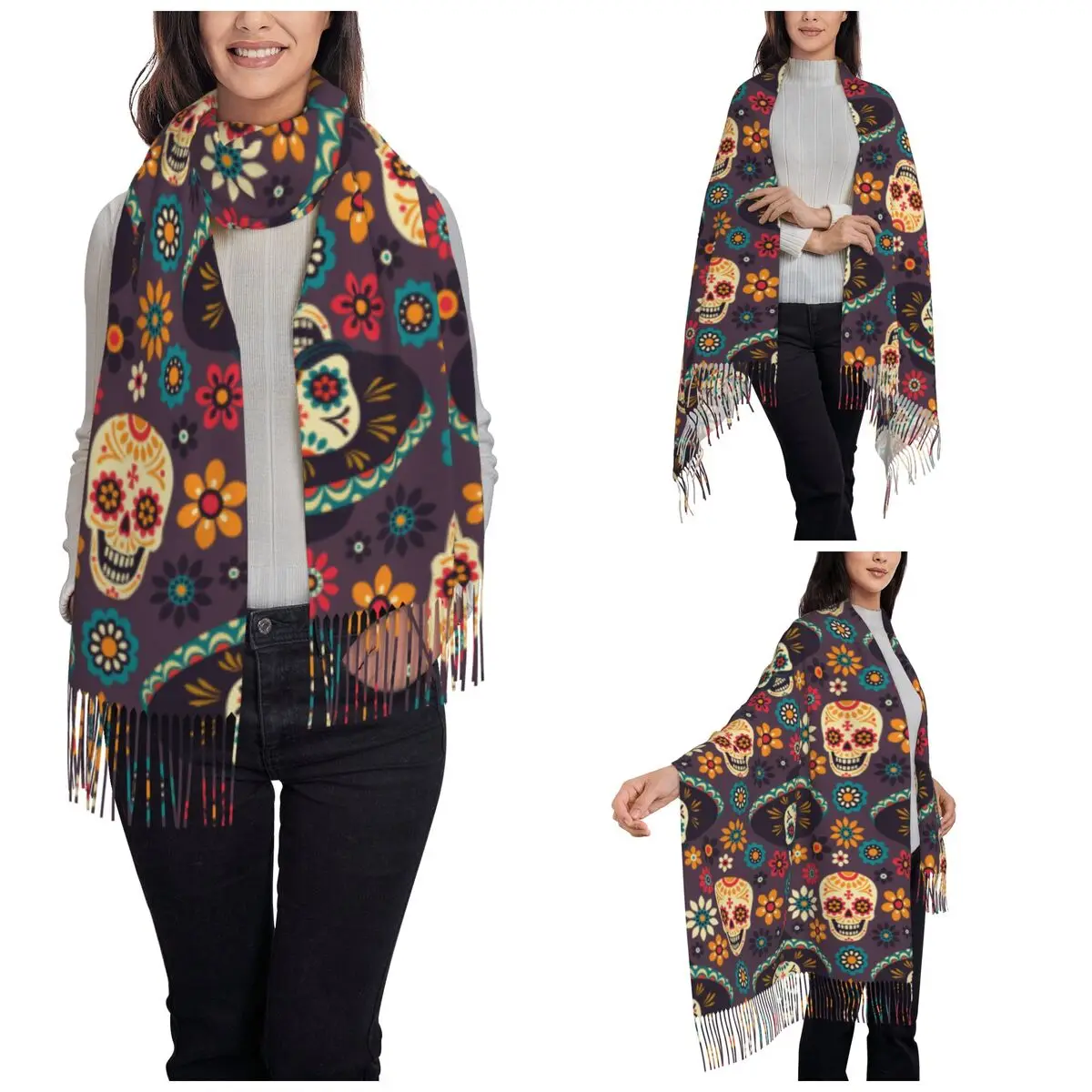 Day Of The Dead Sugar Skulls Flowers Shawls Wraps Women Warm Large Soft Scarf Calavera Pashminas Shawl Scarves