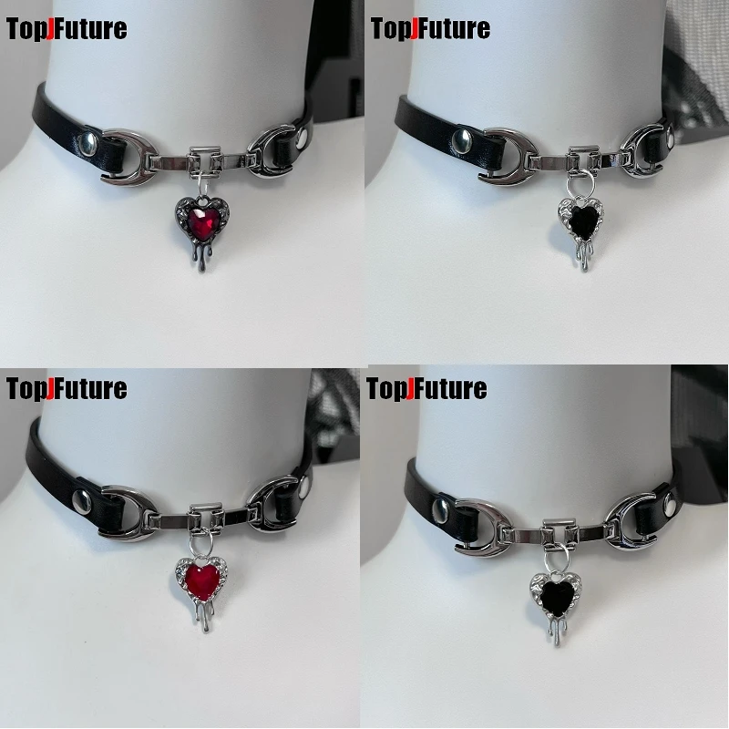 Subculture Y2K Girls Dark Punk Japanese style Faux leather red heart-shaped pendant black choker necklace