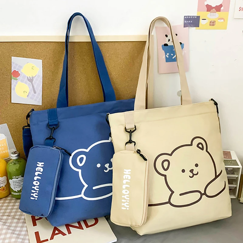 Bolso de mano de lona 2 en 1 con dibujos de animales, bandolera de gran capacidad con cremallera para estudiantes