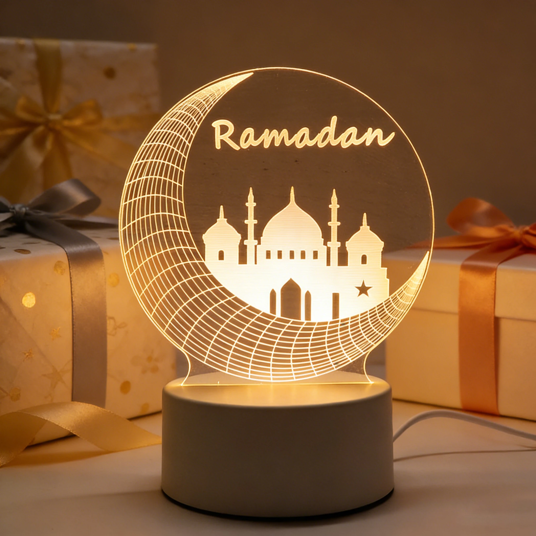 3D Moon Castle Acrylic LED Night Light for Ramadan Home Decoration Eid Mubarak Festival Ornaments Islamic Muslim Party Supplies