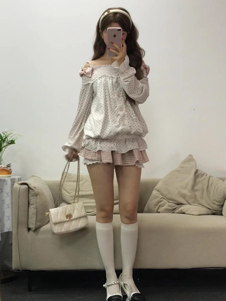 Women's Early Autumn Checkered Cake Skirt Set One Shoulder Strap Long Sleeve Dot Print Gentle Style Fashionable Two-Piece Suit