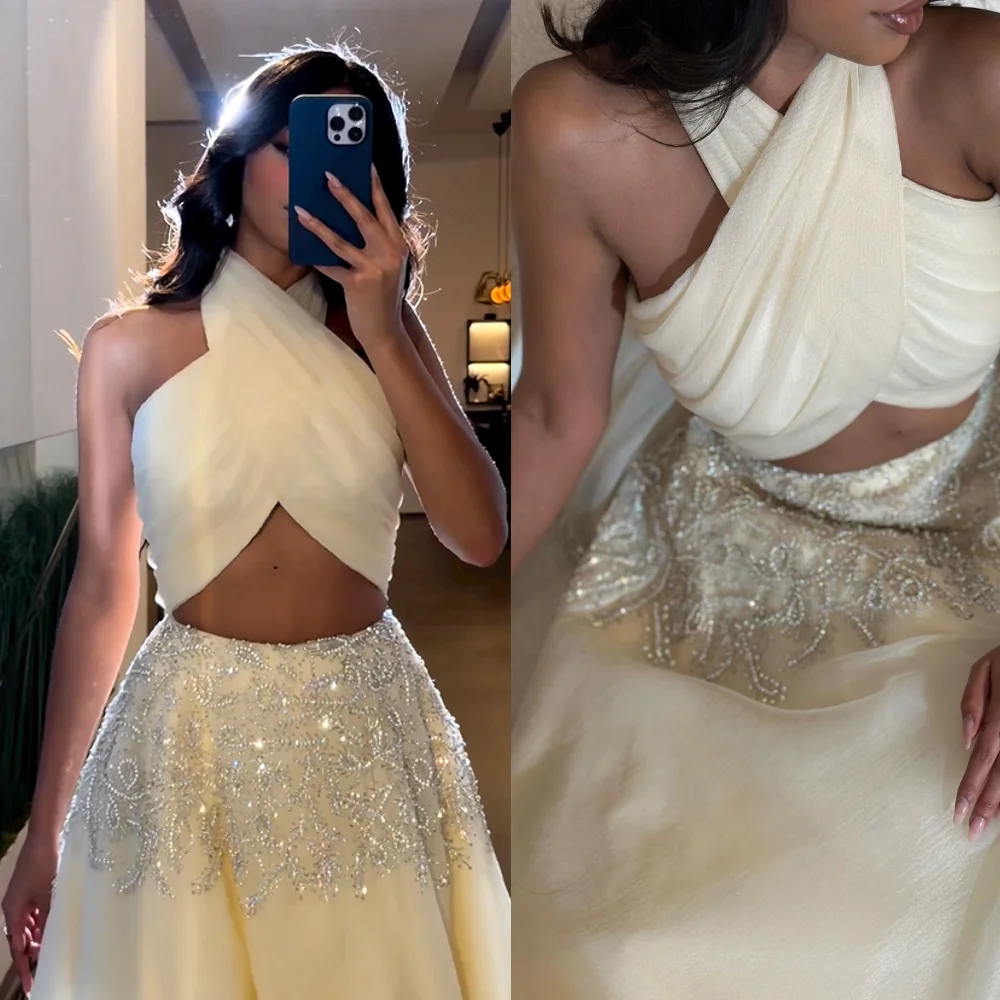 Customized Elegant Halter Ball Gown Sequin Organza Occasion Evening Vestido De Noche Largo Elegante Con Pedrería
