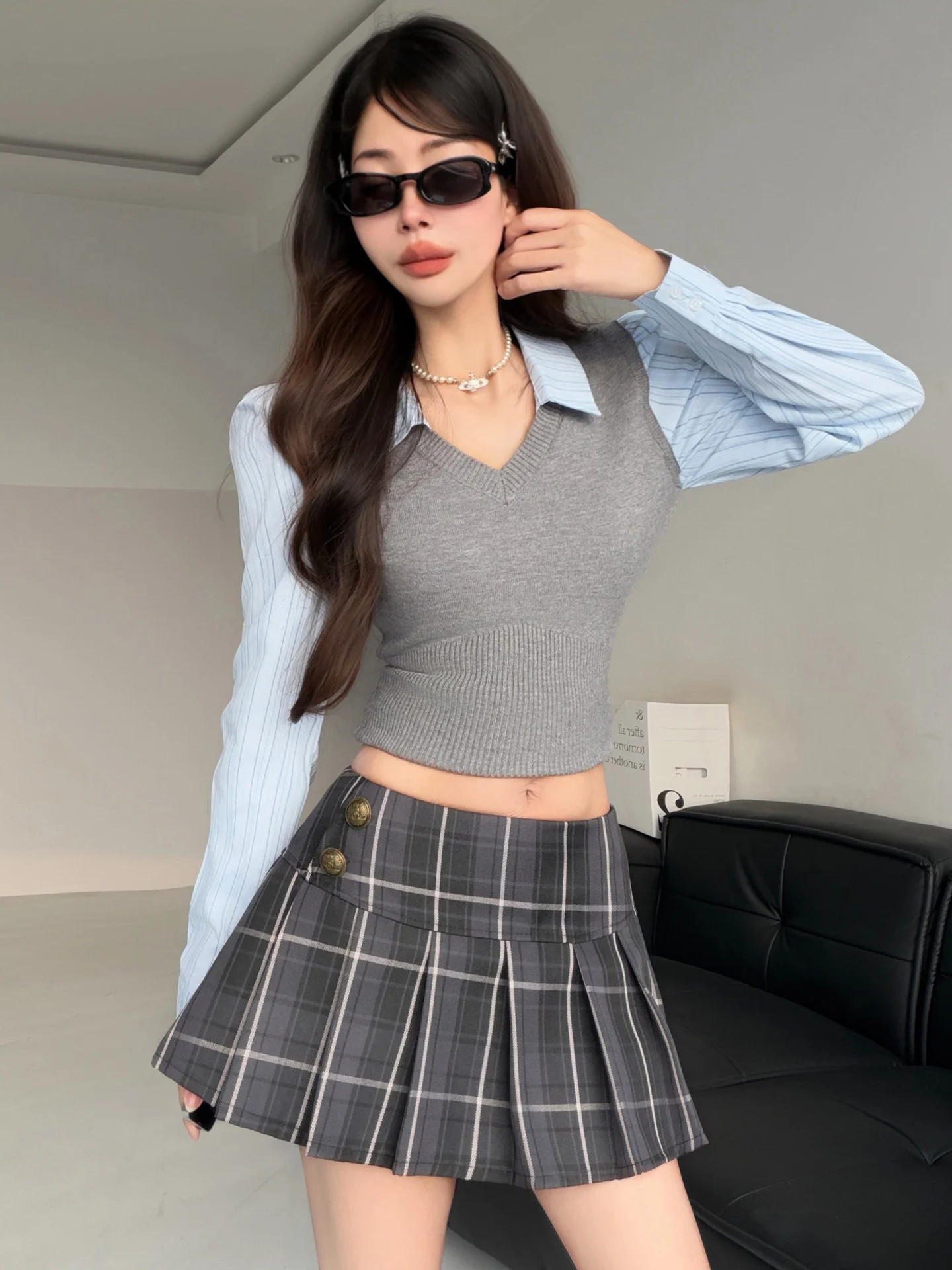 

Юбка А-силуэта с низкой талией в клетку, плиссированная, с защитой от просвечивания, универсальная, для школы, короткая, для женщин