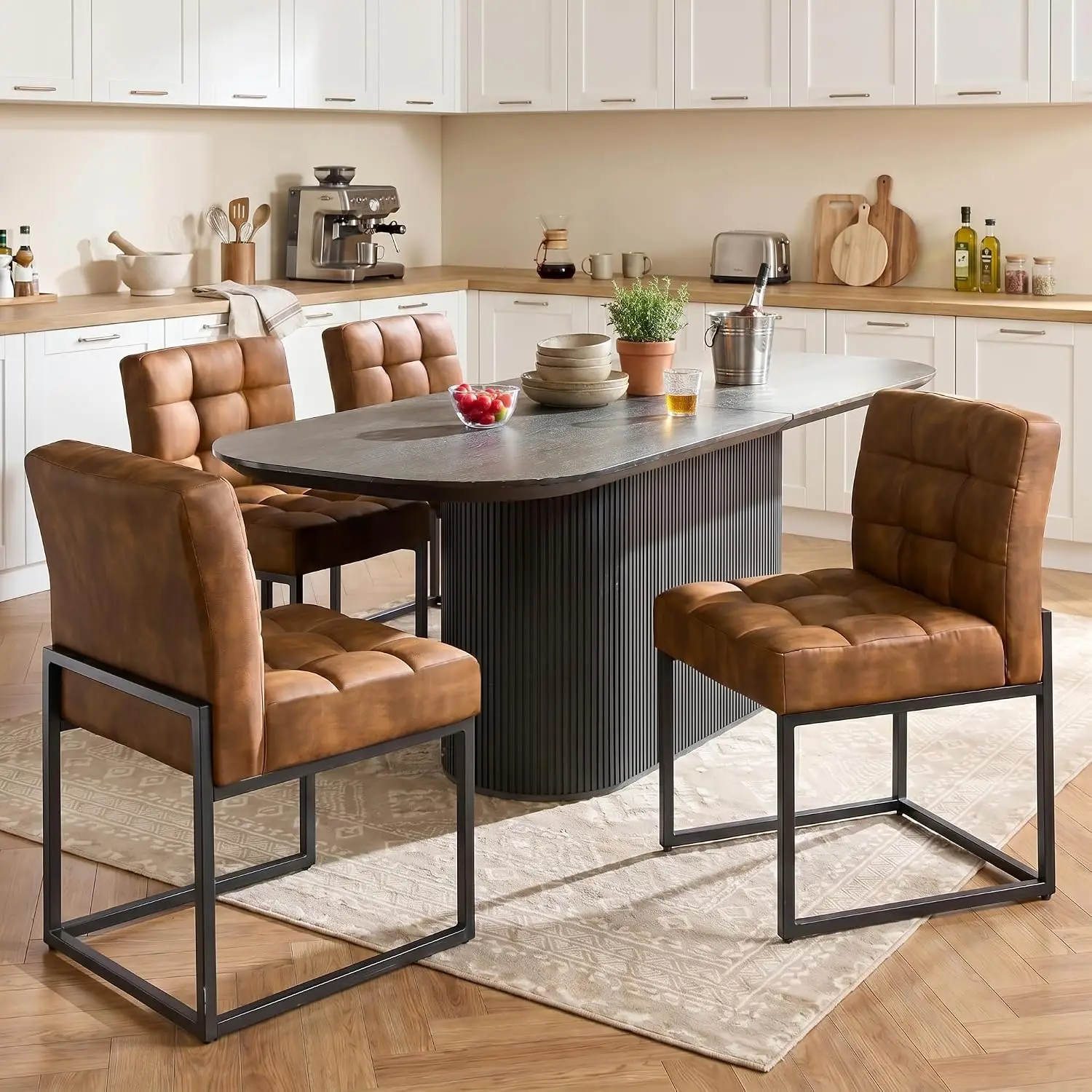 Coffee Faux Leather Dining Chairs Set of 4, Mid-Century Modern Dining Room Chairs with Armless, Checkered Kitchen, Customized