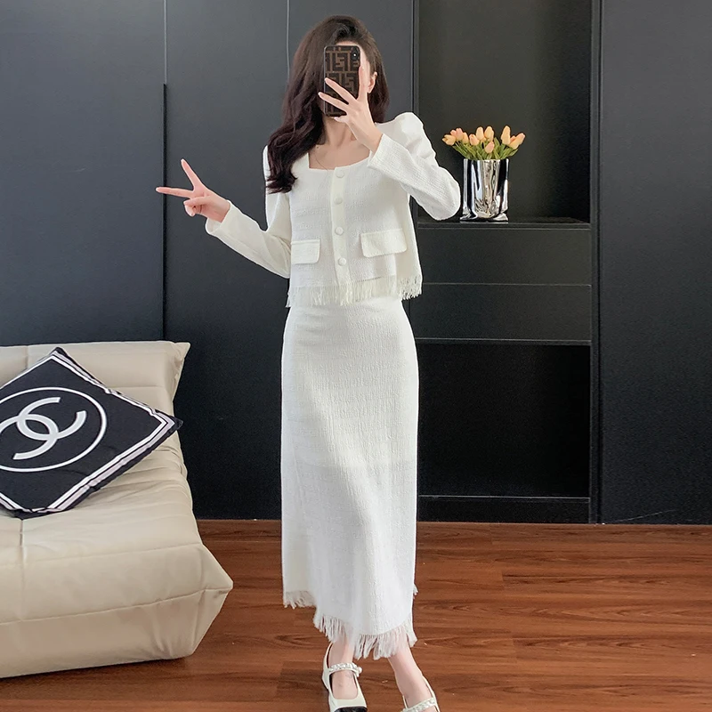 New Autumn Tassel Two Piece Set Fashion Women Elegant Square Collar Single Breasted Short Tops + Fringed Midi Skirt Suits