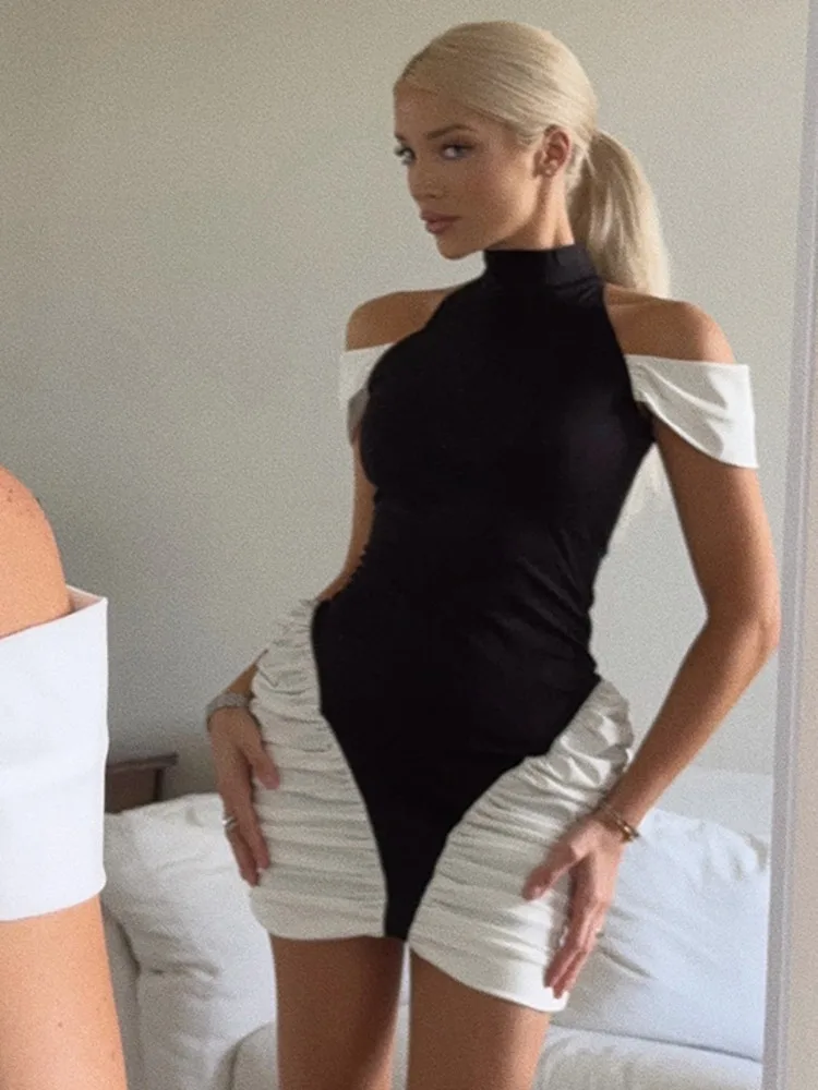 Blifanbo élégant Sexy épaules dénudées Mini robe pour les femmes taille haute moulante col roulé Patchwork mode plissée Club robe de soirée