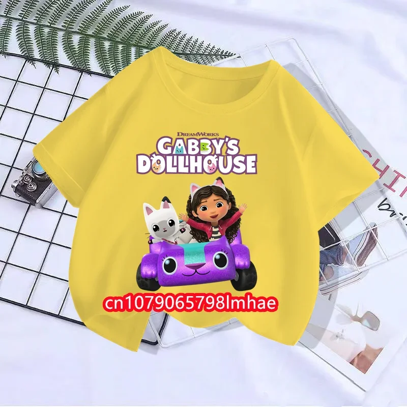 Camiseta de casa de muñecas Kawaii Gabby para niños y niñas, camisetas de dibujos animados, ropa de cumpleaños temática superior de Anime, cuello redondo, manga corta, regalo de verano