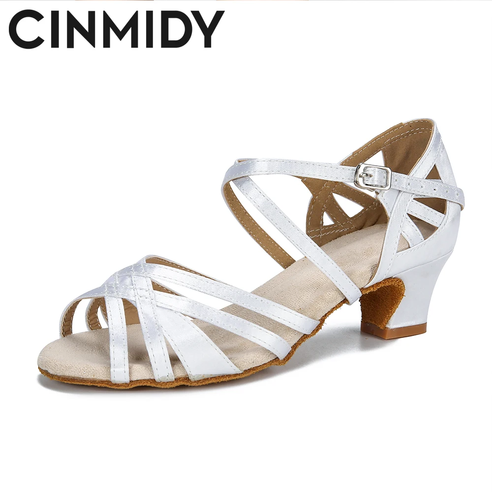 

CINMIDY White Satin Dance Shoes For Women Latin Dance Shoes Cuban Heel Salsa Ballroom Dance High Heel Female Elegant Party Shoes