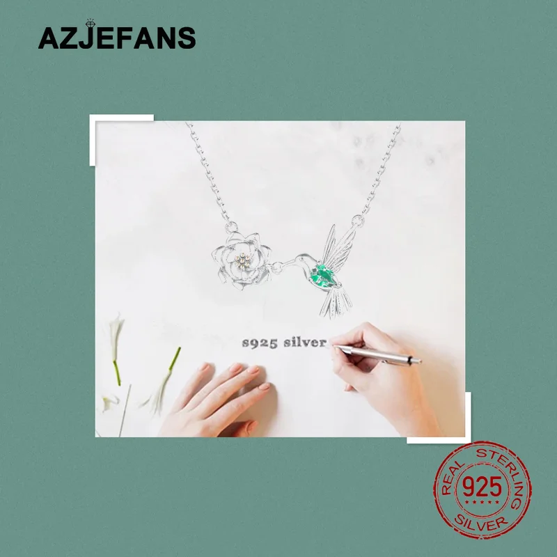 AZJEFANS S925 Sterling Silver Shining Zirconia Hummingbird Rose Pendant Necklaces