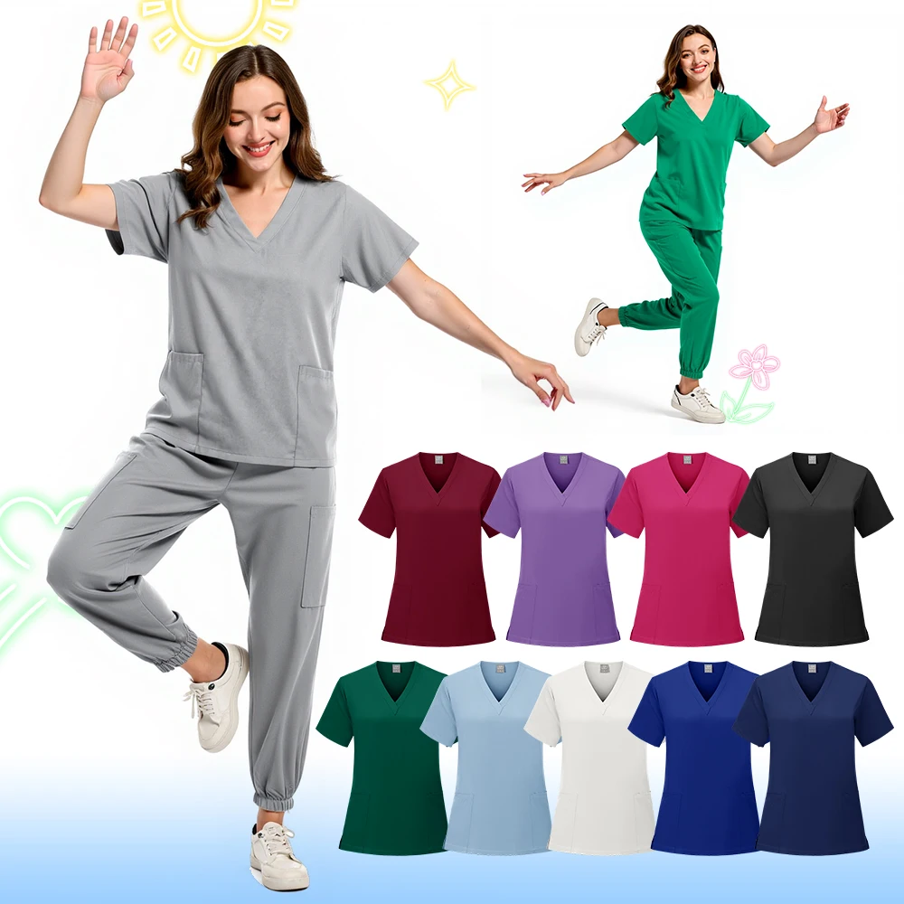 Verpleegster Joggerpak Veelkleurige Scrubs Set Medische Klinische Kleding Arts Verplegingsuniformen Korte Mouw V-hals Tops Zakbroek