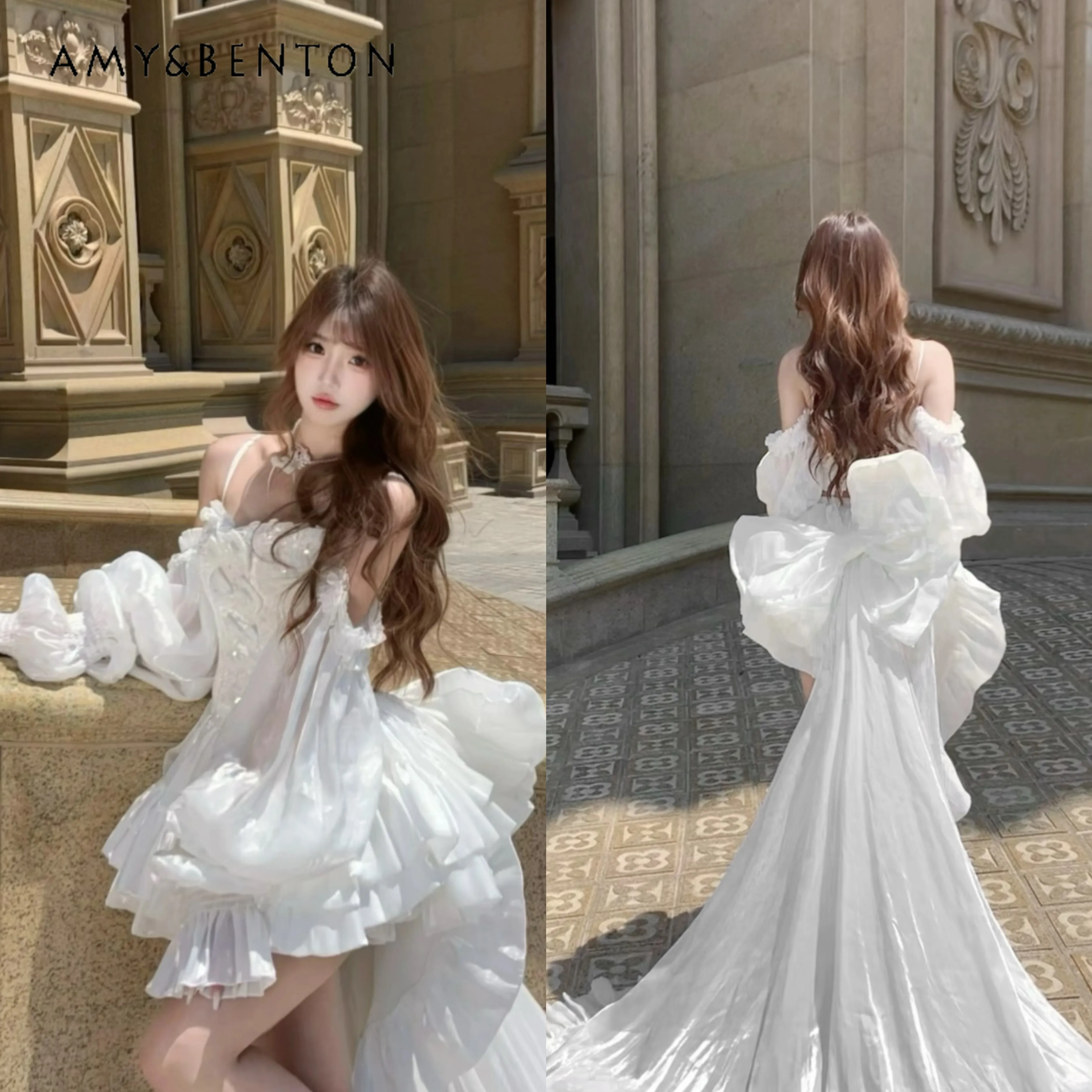 

Summer Princess Style Banquet Daily Women's Slim-fit Bowknot Sling Top High-waisted White Skirt Long Trailing Lolita Outfit Set