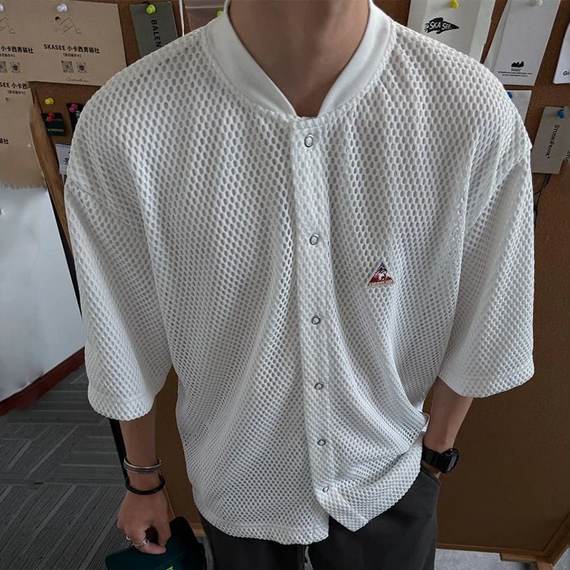 2026 Summer Men Mesh Cardigan Shirt Baseball Collar Snap Button Hollow Breathable Short Sleeve Trendy Streetwear Casual Tops