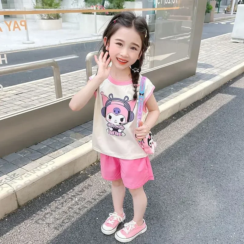 Sanurgente-T-shirt à manches courtes pour enfants, Hello Kitty, haut de dessin animé Kuromi, robe de sport, costume d'objectifs pour filles, bébé, sans manches, été