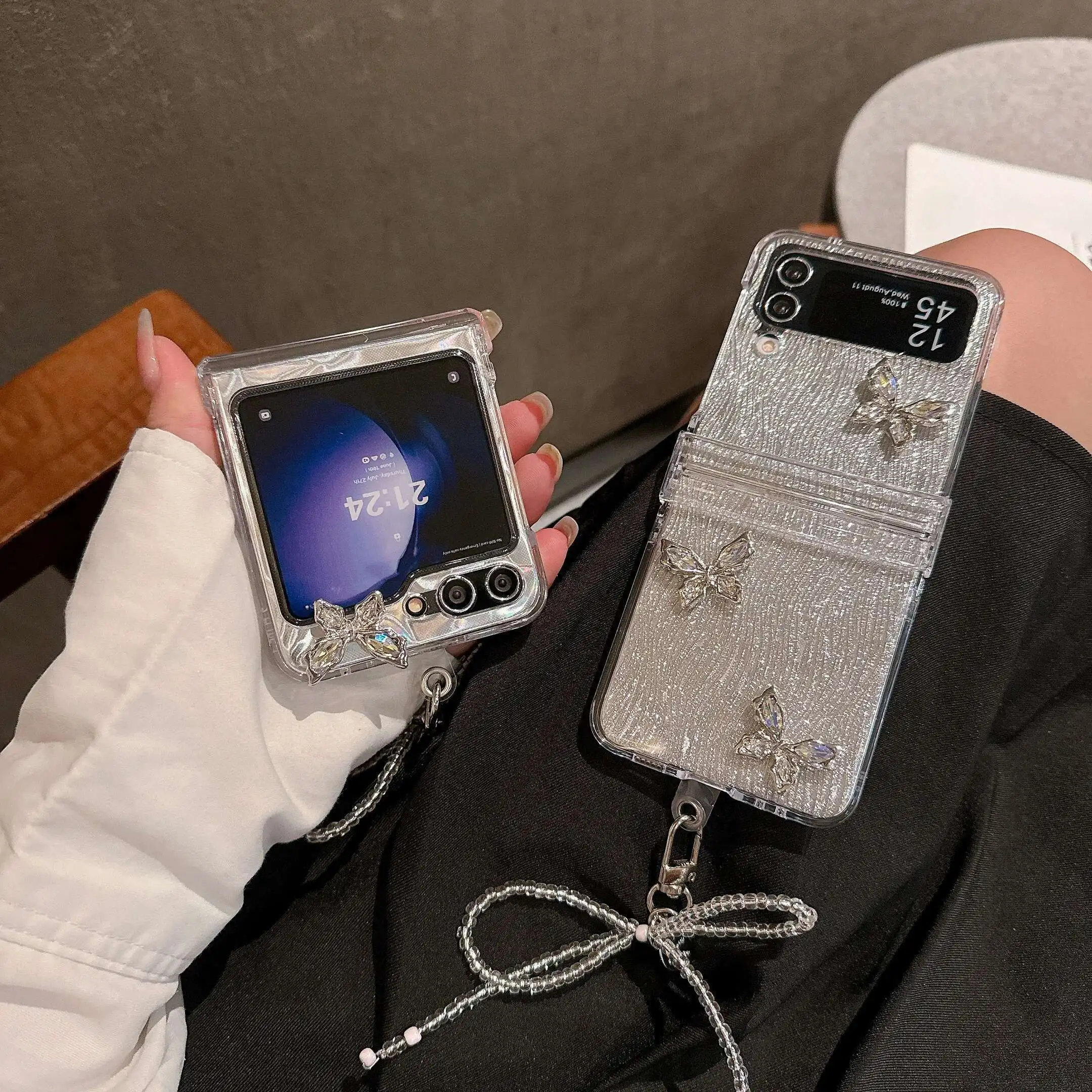 Glitter 3D Butterfly Case For Samsung Galaxy Z Flip 3 4 5 6 5G Flip6 Flip5 Protection Flip4 3-PIECE Set Hinge Fashion Cover