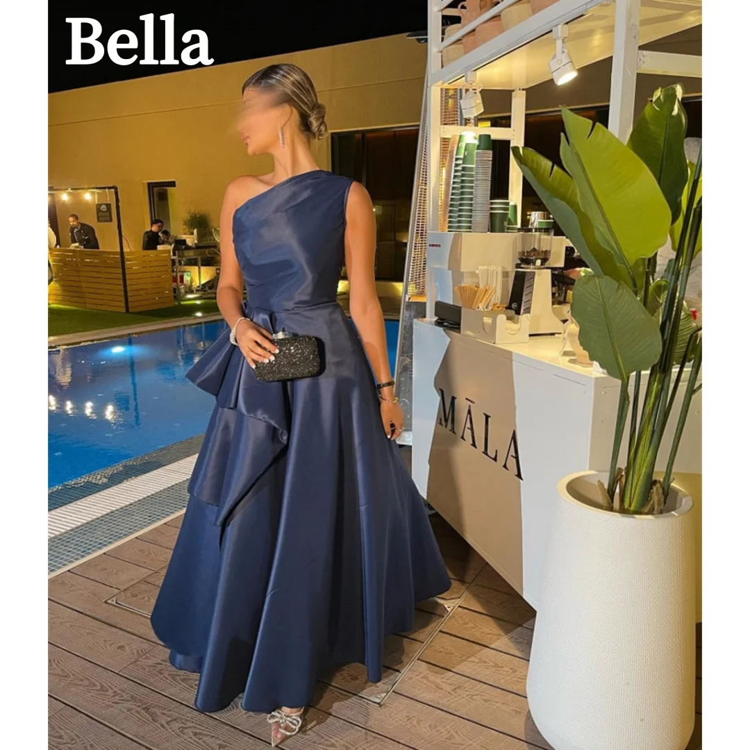 

Bella Dark Blue فساتين السهرة One Shoulder A-line Satin Prom Dresses Elegant Sleeveless Ankle-Length Formal Evening Dress 2024