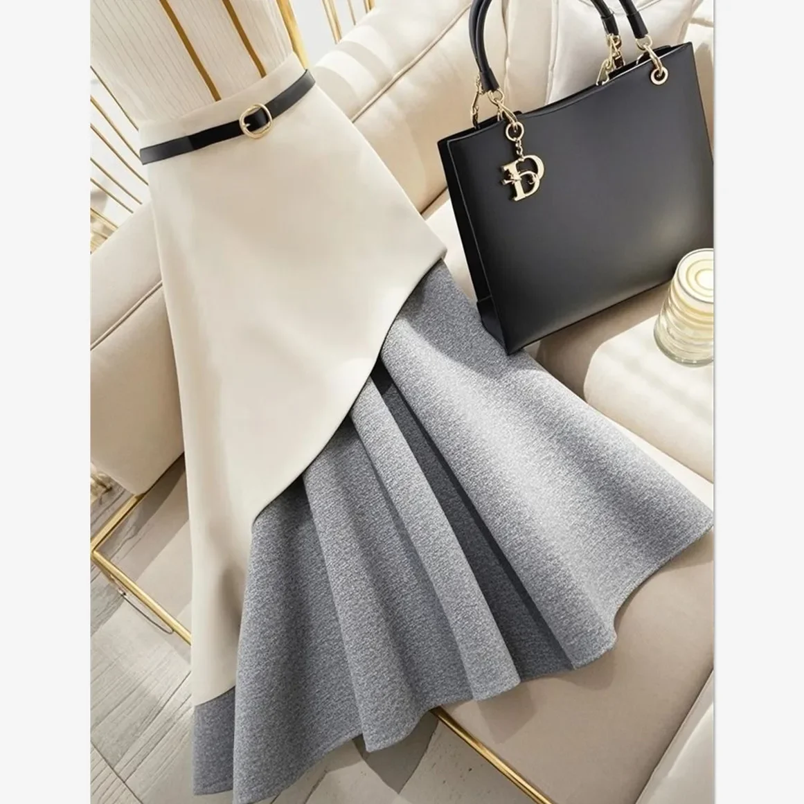 

Korean Fashion Elegant Irregular Patchwork Skirt Autumn New Vintage Casual Office Lady Midi Jupe Women High Waist A-line Skirts