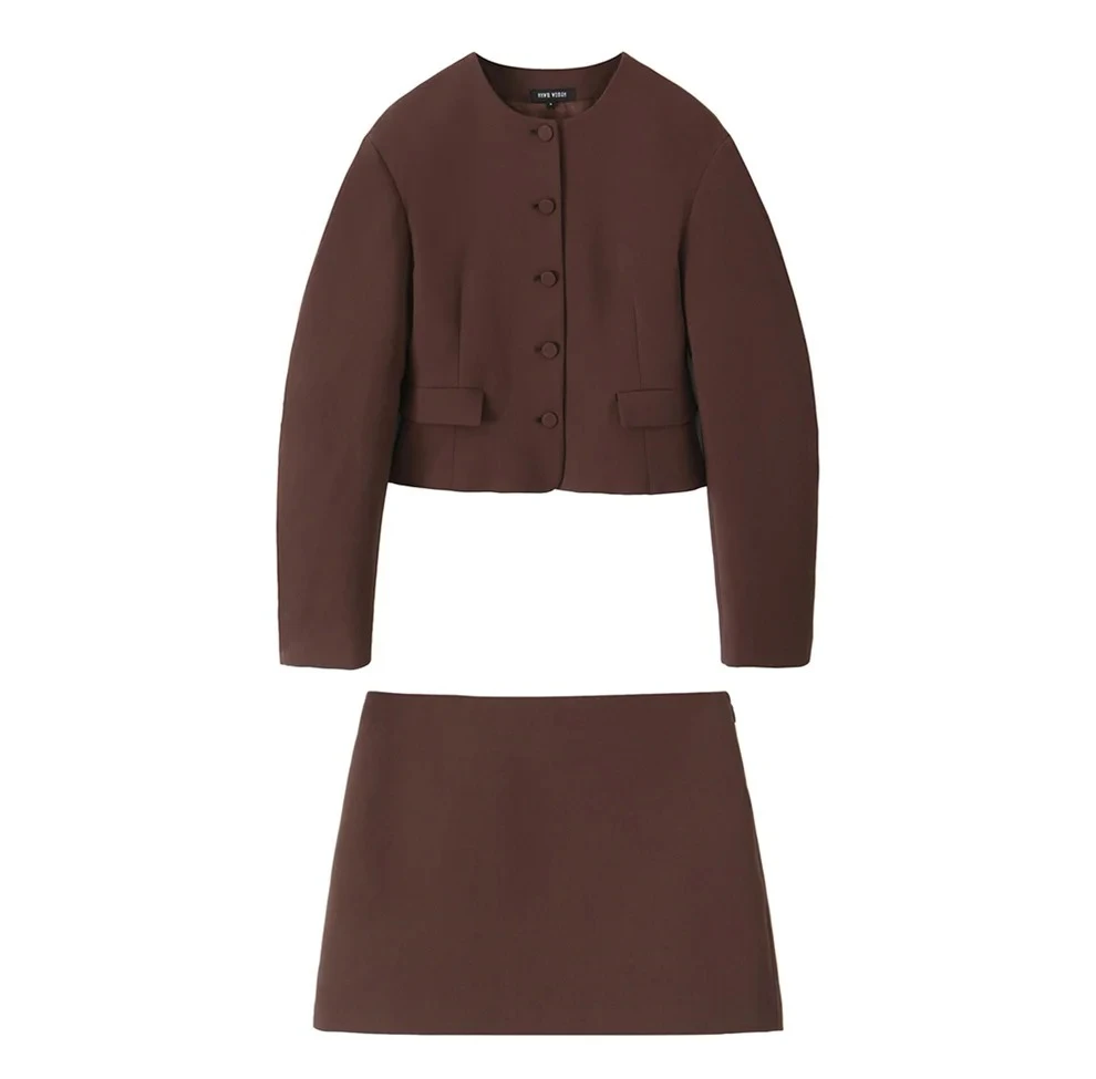 

autumn new women's clothing simple high-end short round neck long-sleeved suit jacket commuting high waist skirt
