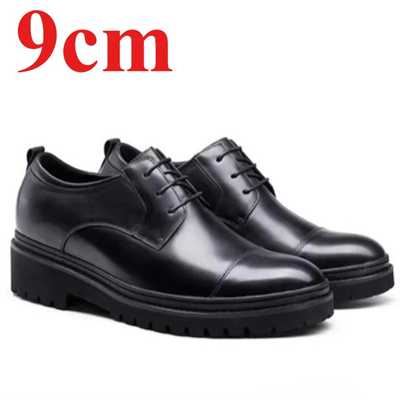 Genuine Leather Men's Dress Shoes 9cm for Elevator Shoe Breathable Lightweight Comfortable Height-increasing Wedding Derby Shoes