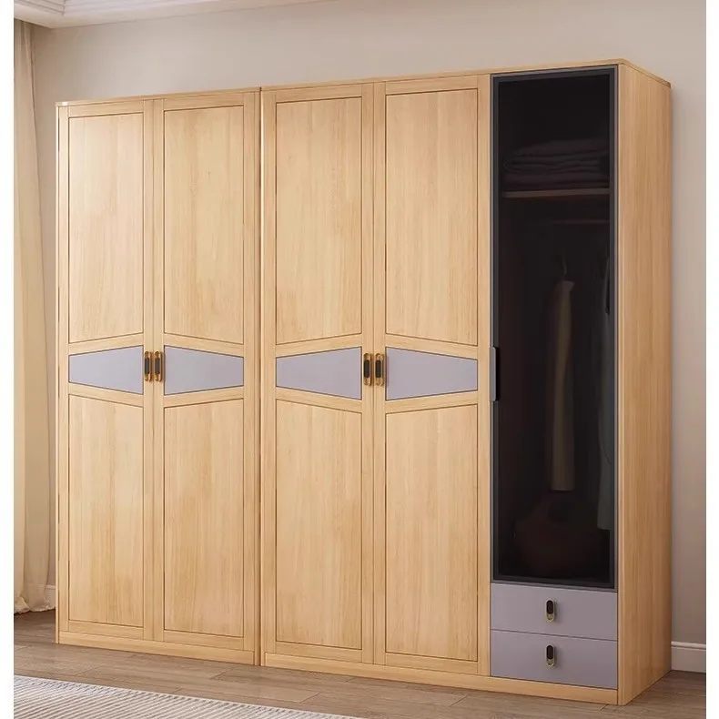 Modern simple   solid wood wardrobe two doors three doors Nordic small apartment bedroom glass door large wardrobe