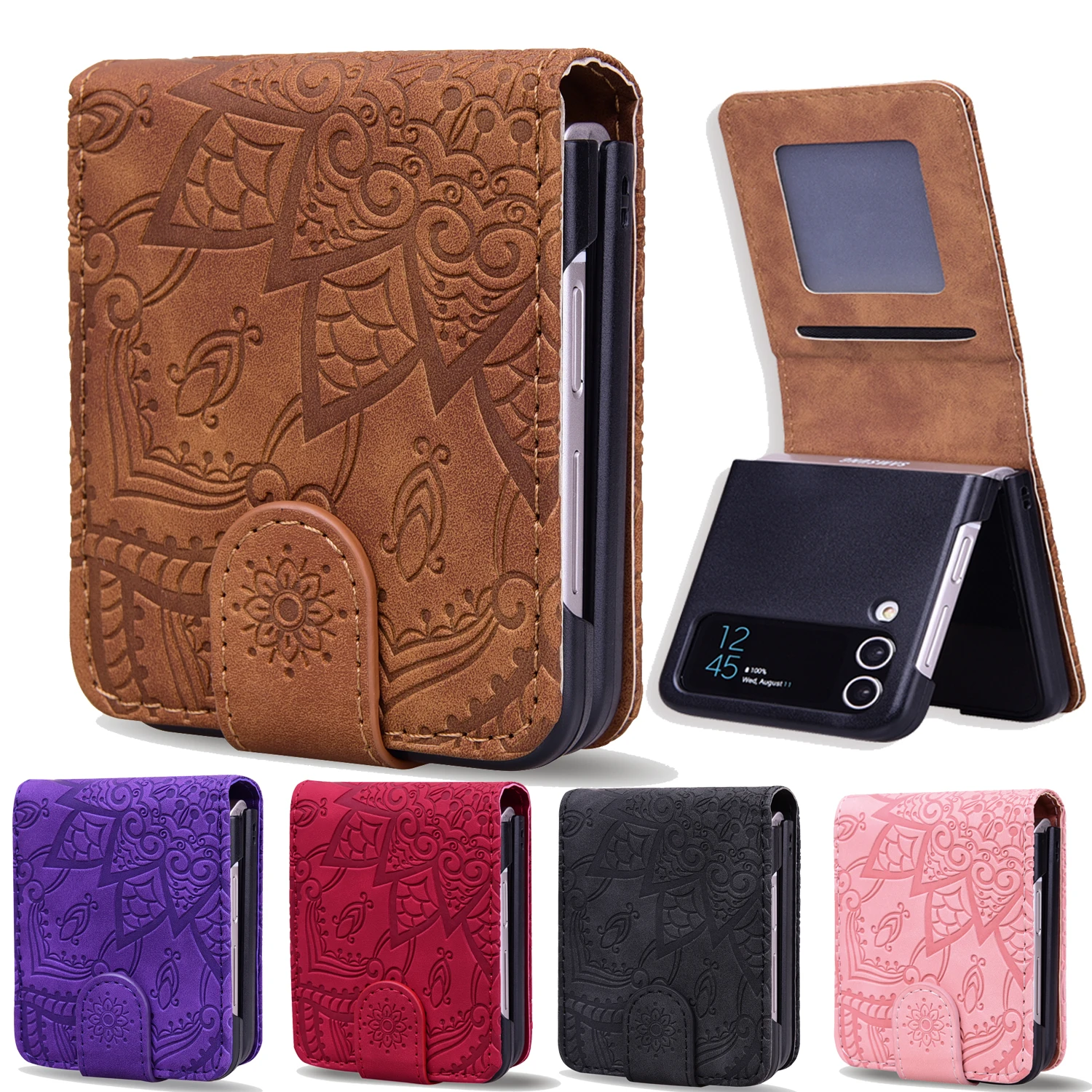 Wallet Card Holder Leather Phone Case for Samsung Galaxy Z Flip 5 4 3 5G Flip4 5G Flip3 Matte Feeling 3D Embossing Cover Fundas