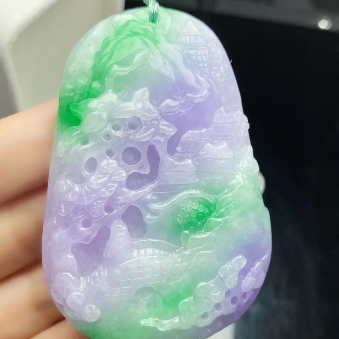 

Myanmar natural jadeite A goods Laokeng landscape brand pendant full of green landscape men's and women's jade pendant genuine l