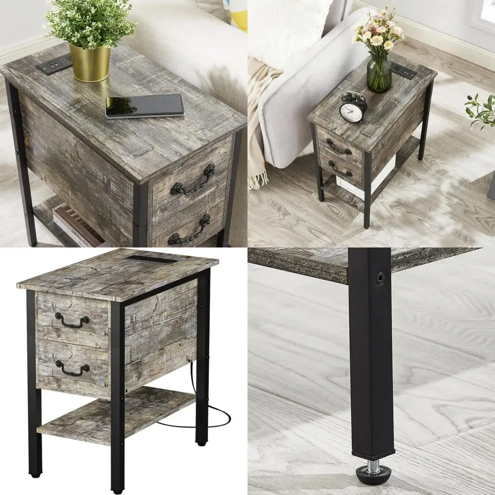 

Современная прикроватная тумбочка с 2 ящиками и USB-зарядкой, цвета туманно-серый, для спальни и гостиной