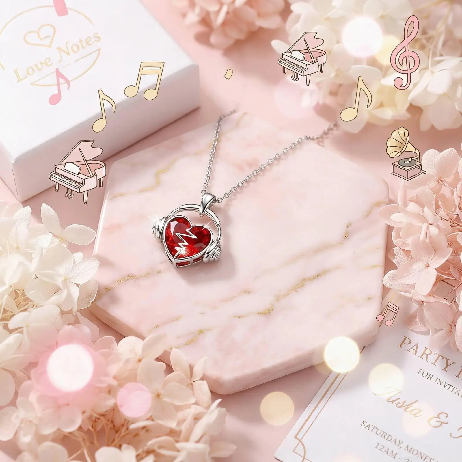Couple Heart Headphone Pendant Necklace For Women Men Rhinestone Heart Beat Clavicle Chain Valentine Music Lover Jewelry Gift