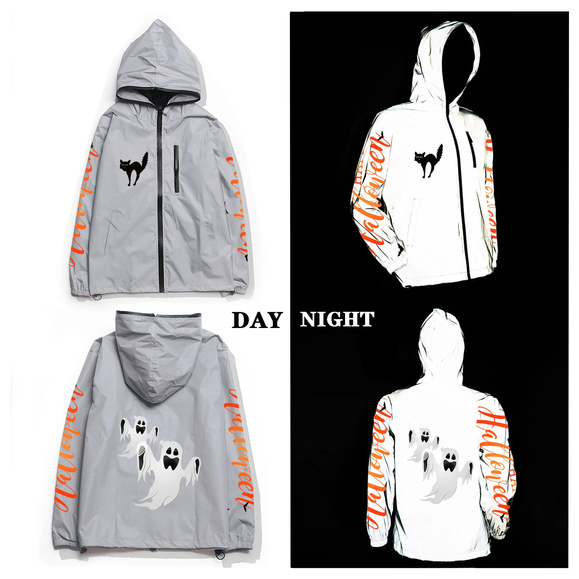 

Halloween Pumpkin Custom Reflective Jacket Mens Womens Coat Hooded Windbreaker Run Jackets Cycling Hiking Zipper Custom Hoodie