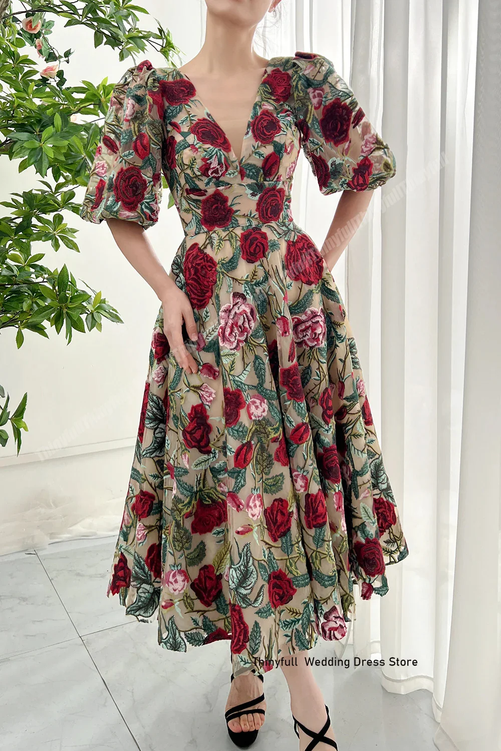 Thinyfull Floral Girl Prom Dresses V-neck A-line Half Sleeves Evening Party Gown Tea-length Formal Occasion Dress Customized