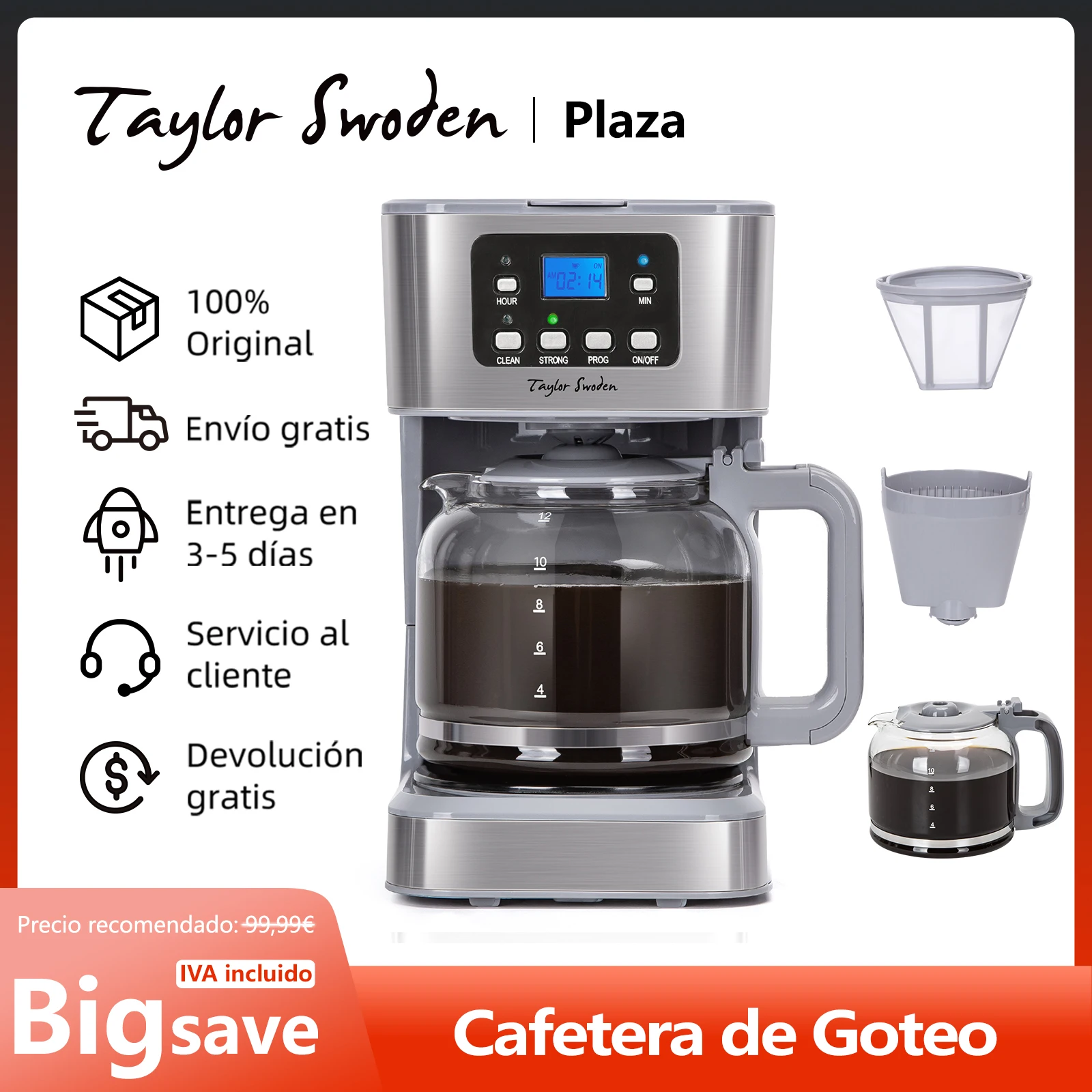 Cafetera de Goteo Eléctrica, con Filtro Reutilizable, Pantalla LCD, Programable 24 H, Auto Limpieza, Capacidad 12 Tazas, 950W