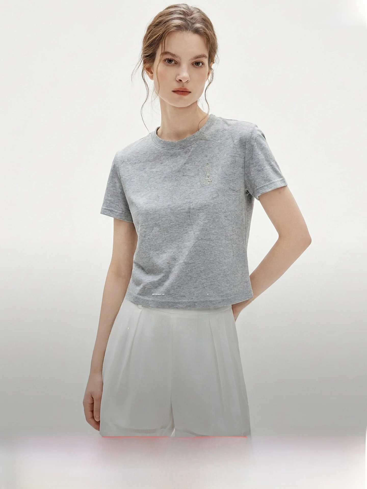 

Elle Women's round Neck Short Sleeve T-Shirt Gradient Texture Print High-End Casual Summer New Style Commute Cotton Blend