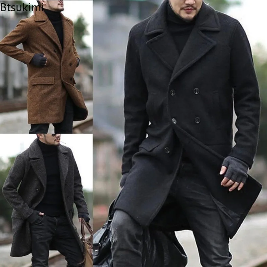 

Men's Autumn Winter Wool Overcoat Casual Pocketed Wool Blend Lined Lapel Clothes Double Breasted Elegant Jackets Male Clothes
