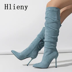 Hlieny Autumn Winter Fashion Denim Blue Pleated Pointed Toe Women Knee-High Boots Modern Long Booties Thin Heels Female Shoes