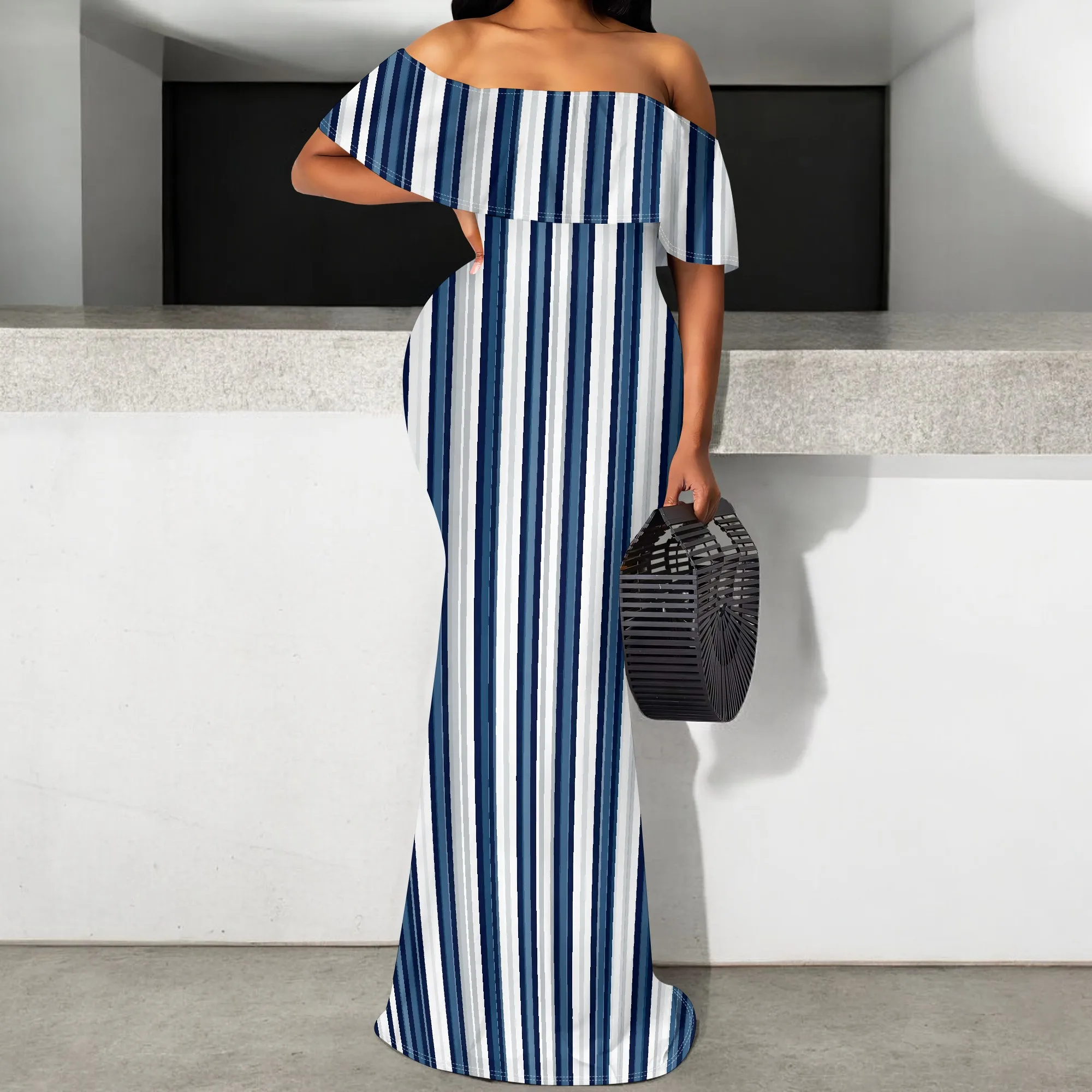 

Women's Elegant Stripe Off-Shoulder Mermaid Dress Wedding Guest Formal Party Gown S-3XL