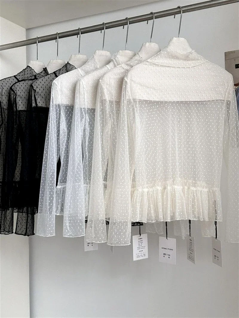 Women High Neck Mesh Layering Blouse Flocking Polka Dot Long Sleeve Sheer See Through Ruffle Cuff Korean Fashion Daily Tops