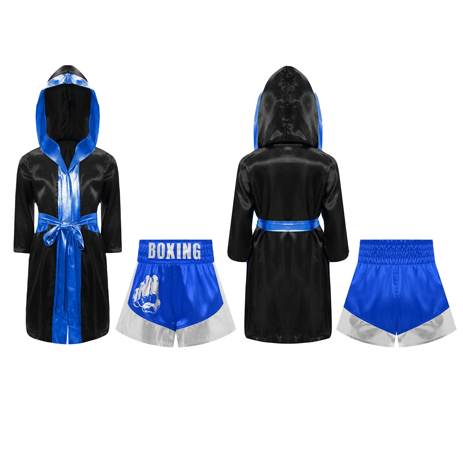 

Kids Boys Girls Boxing Outfit Boxer Halloween Cosplay Costume Long Sleeve Satin Belted Robe with Sides Slit Shorts Boxing Wear