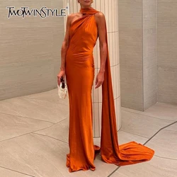 TWOTWINSTYLE Solid Slimming Chic Dresses for Women Shawl Collar Sleeveless Off Shoulder High Waist  Long Dress Female