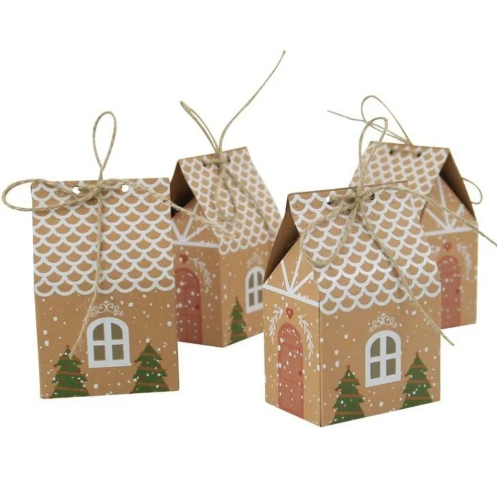 25/50/100pcs New Christmas Candy Packing Box House-shaped Twine Closure Gift Bags Kraft Paper Present Bag for Party Favors