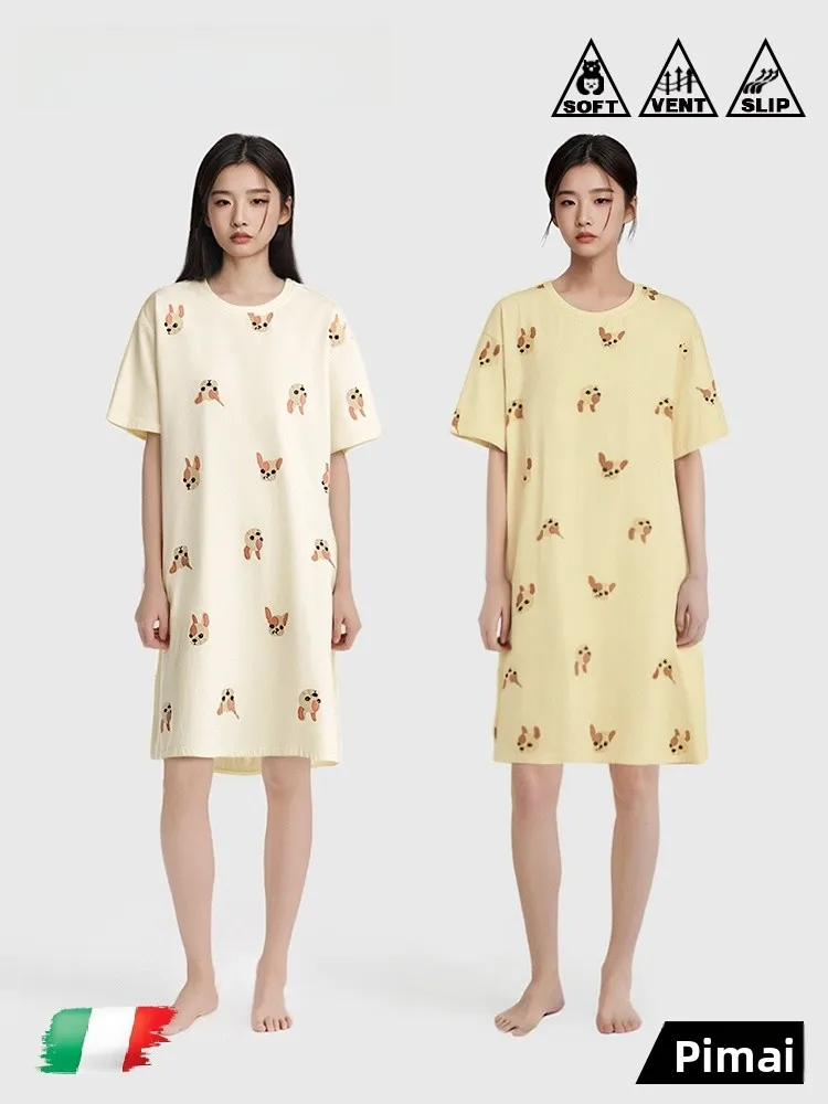 PinkBread Summer Women's Dress Short Sleeve round Neck Levis Cotton Comfortable Sleepwear Casual Outfit Soft Cartoon Print