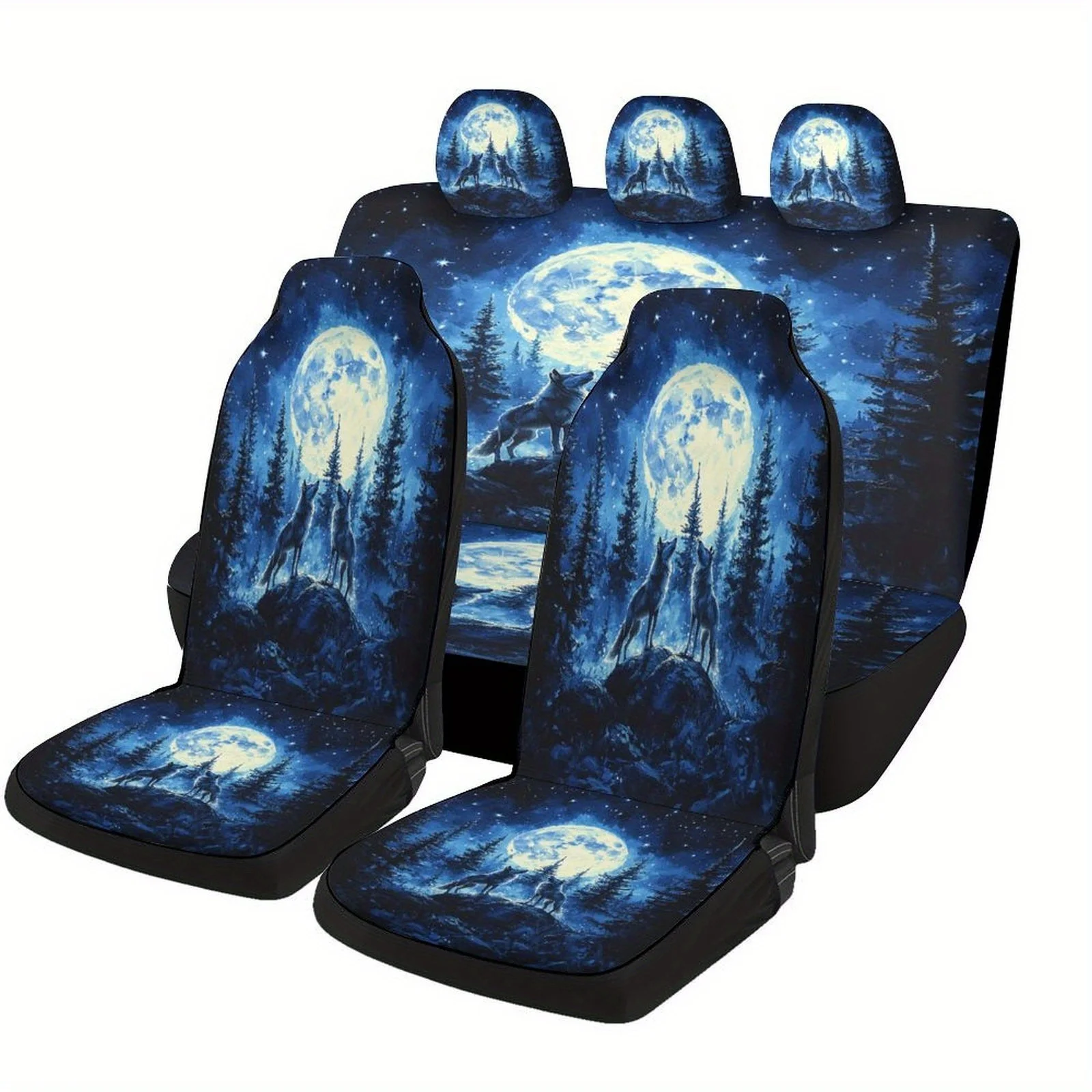 

Moonlit Wolves Designed Car Seat Cover Set For Most Cars, Fashion Comfortable Car Seat Protector Covers Full Set, Universal Car
