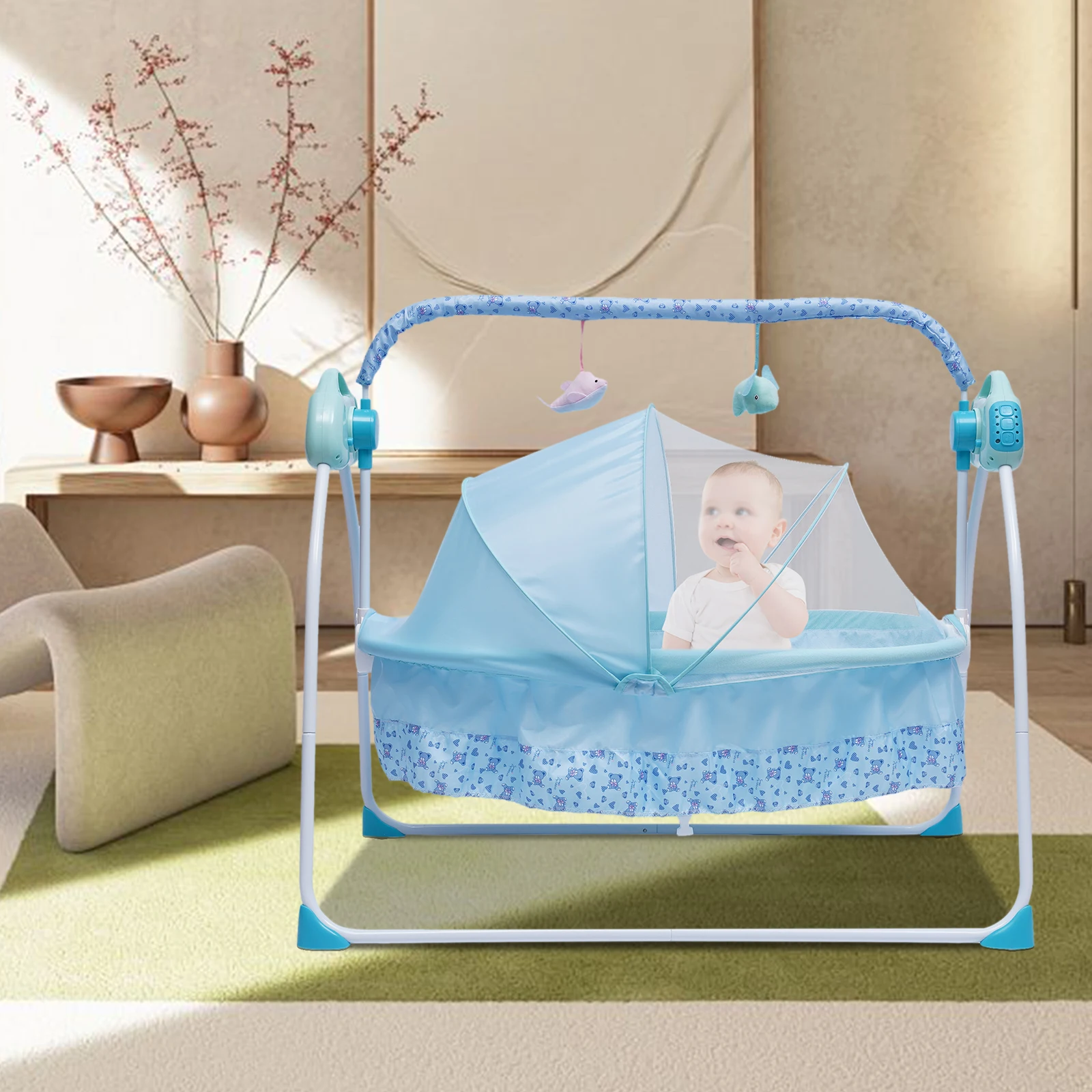 Rocking Crib Bed Swinging Baby Bed Cradle Remote Controlled MUSICAL Mat Pink/Blue/Khaki