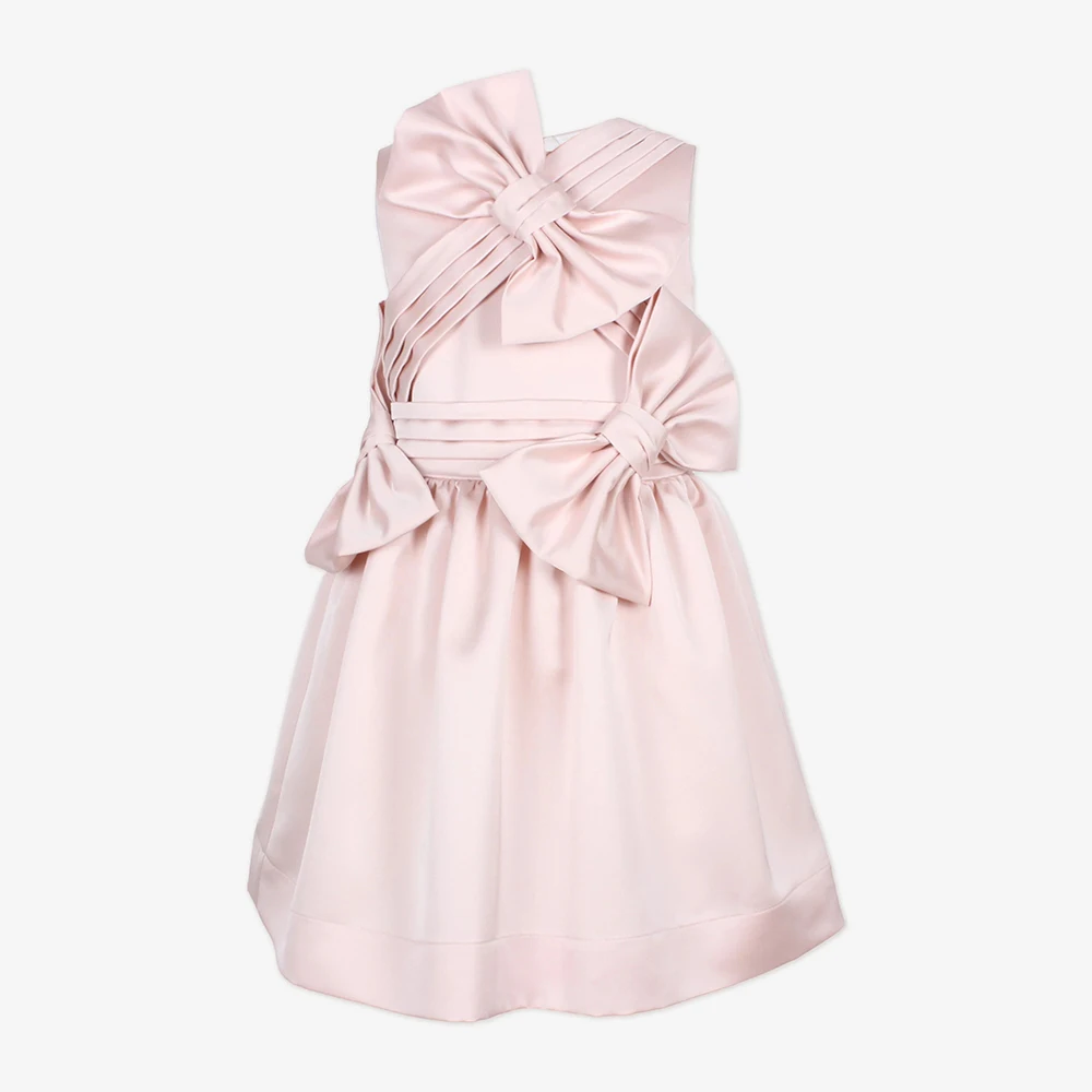 

Customized Pink Satin Party Dresses for Girls O Neck A Line Bow Modern Girl's Party Gown Short Knee Length Kid's Birthday Dress