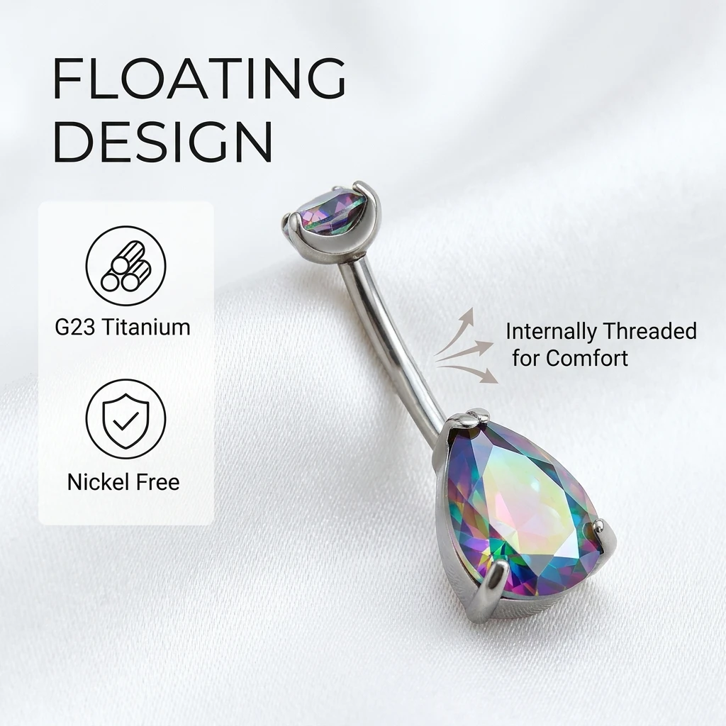 Belly Button Ring Floating Navel Piercing ASTM F136 Titanium Sparkly Bling Internally Threaded Teardrop Cubic Body Jewelry Lot