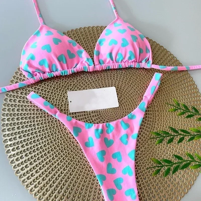 QINJOYER Pink Swimwear Women Brazilian Bikini Cute Heart Print Swimsuit Sexy Thong Bikini Set 2024 Bathing Suit Women Beachwear